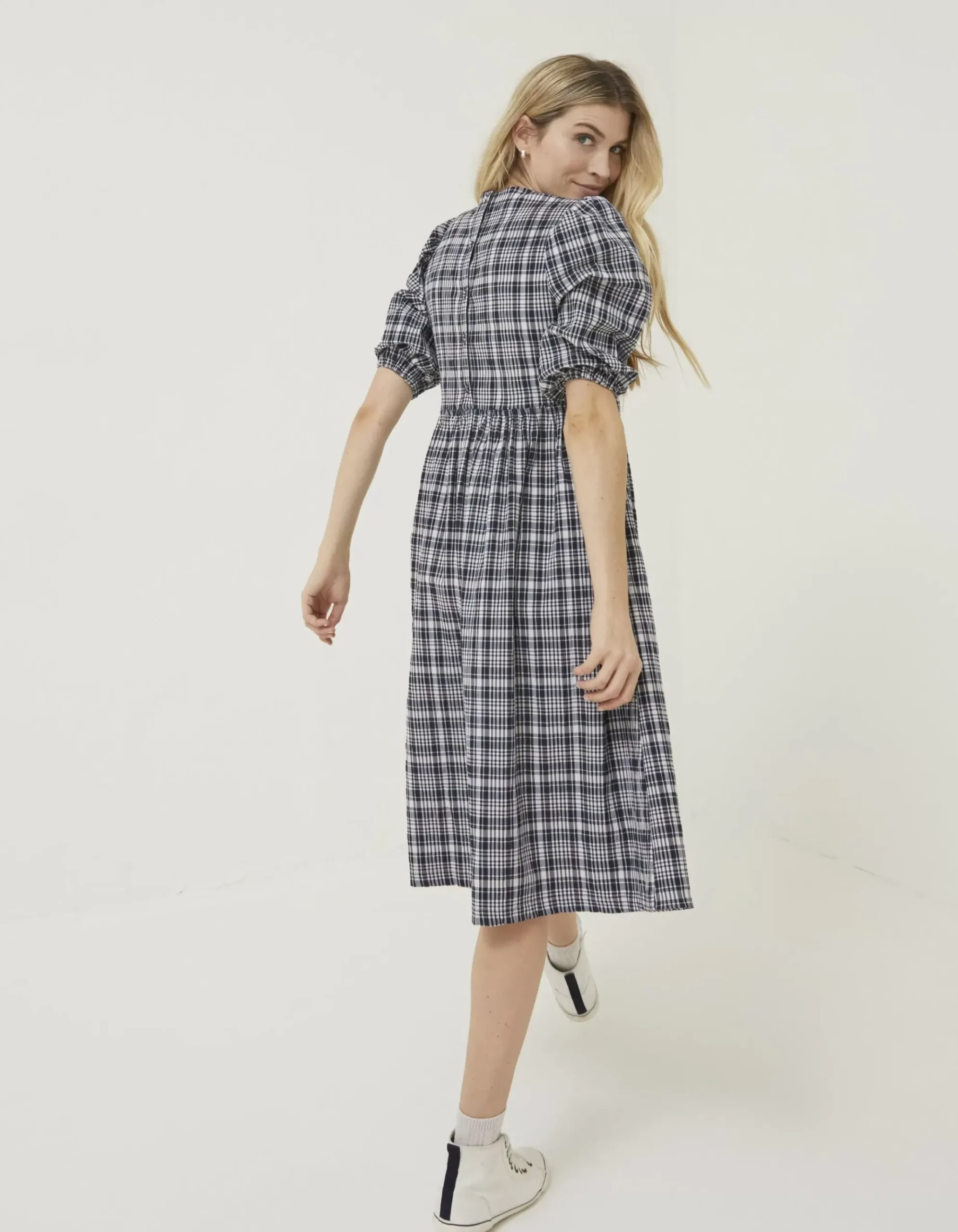 Hannah Puff Sleeve Check Midi Dress