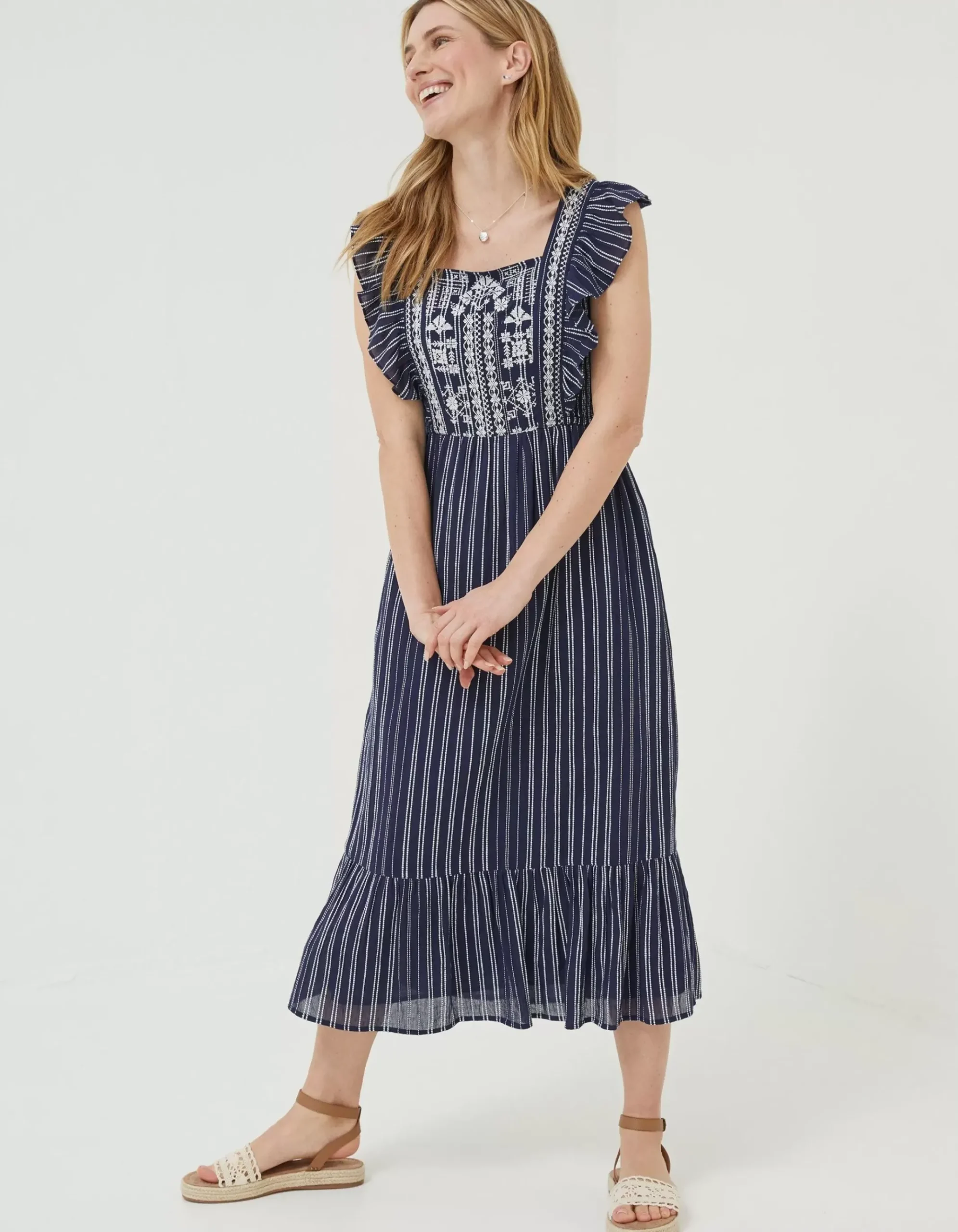 Izzi Stripe Embroidered Midi Dress